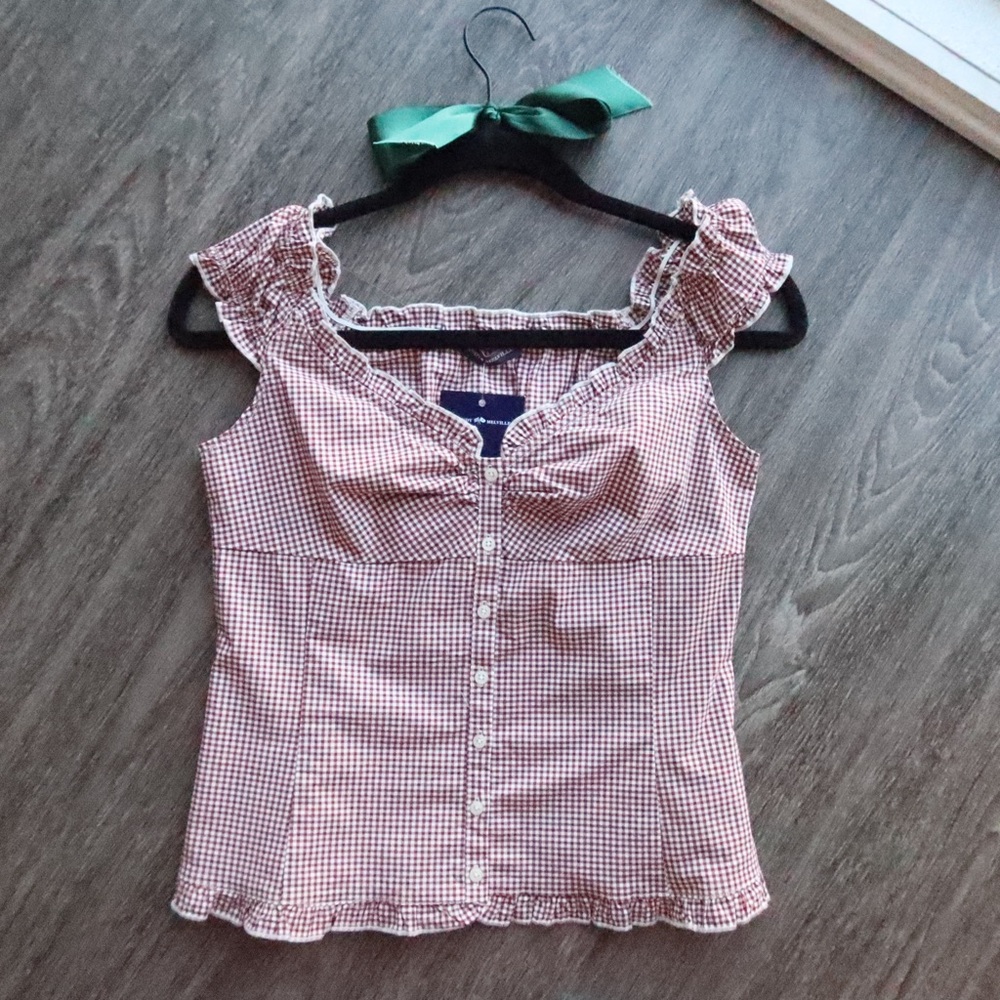 Brandy Melville Elena Gingham Top, Burgundy, NWT